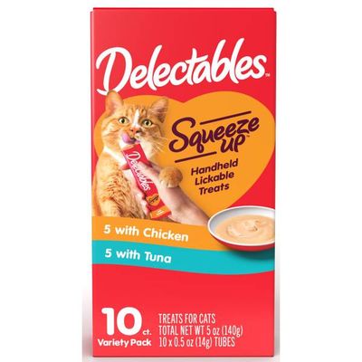 Delectables Squeeze Up Variety Pack, Creamy Squeezable Puree, Lickable Wet Cat Treats for Adult &amp; Senior Cats, Chicken &amp; Tuna, 10 Count,0.4 pounds; Flavor Name: Variety; Size: 0.5 Ounce (Pack of 10)
