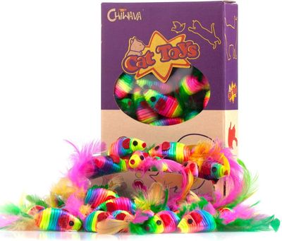 *Chiwava PCS 5″ Rattle Cat Toys Mice with Feather Rainbow Rope Mouse Kitten Interactive Toy Assorted Color – SOLD INDIVIDUALLY