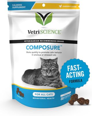 VETRISCIENCE Composure Calming Treats for Cats - Helps Reduce Stress and Anxiety - Great for Car Rides, Thunder, Parties, Grooming, Separation; Flavor Name: Chicken; Size: 30 Chews-EXP:END/09/25