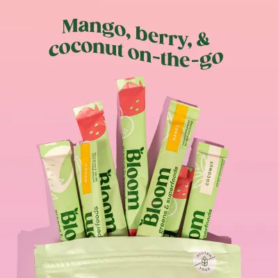 Bloom Nutrition Greens &amp; Superfoods Powder Sticks, for Gut Health, Mango, Berry, and Coconut Flavor, 12 Count