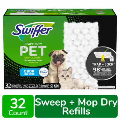 ( 32) ​Swiffer Sweeper Pet Heavy Duty Dry Multi-Surface Cloth Refills for Floor Sweeping and Cleaning, Febreze Freshness, 32 count