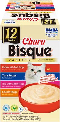 INABA Churu Bisque for Cats, Creamy Lickable Purée Side Dish with Vitamin E, 1.4 Ounces per Pouch, 12 Pouches, Tuna &amp; Chicken Variety - BISQUE - (works out as $20.83 per pouch)