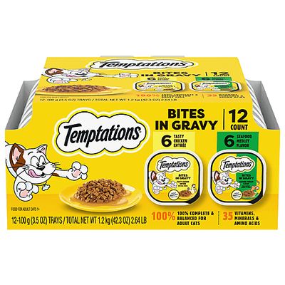 ( 12) Temptations Bites In Gravy Flavor Wet Cat Food Variety Pack, 3.5 Oz. Tray (12 Pack) - (BITES) (works out as $18 per tub) - EXPIRY: 01.01.2026