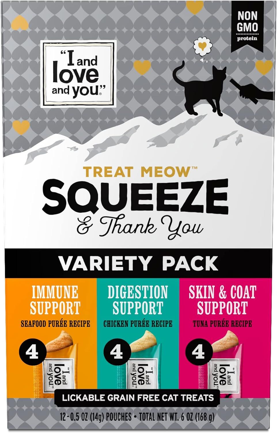 ( 1 ) * I AND LOVE AND YOU Treat Meow Lickable Cat Treat Variety Pack - Chicken, Tuna, and Seafood Puree - Squeeze Treat, 0.5oz, 12ct Box (12 count tubes)