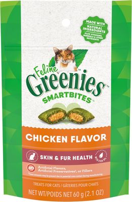 FELINE GREENIES SMARTBITES Skin &amp; Fur Crunchy and Soft Natural Cat Treats, Chicken Flavor, 2.1 oz. Pack