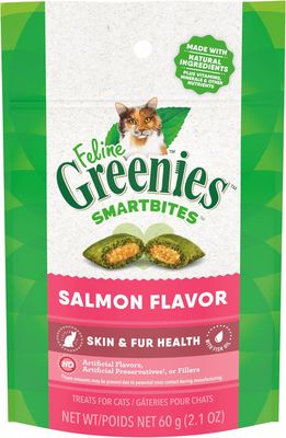 FELINE GREENIES SMARTBITES Skin &amp; Fur Crunchy and Soft Natural Cat Treats, Salmon Flavor, 2.1 oz. Pack