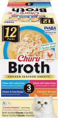 INABA Churu Broth for Cats, Creamy Broth with Shredded Chicken Side Dish Pouch, 1.4 Ounces per Pouch, 12 Pouches, Chicken &amp; Seafood Variety - BROTH - (works out as $20.83 per pouch)