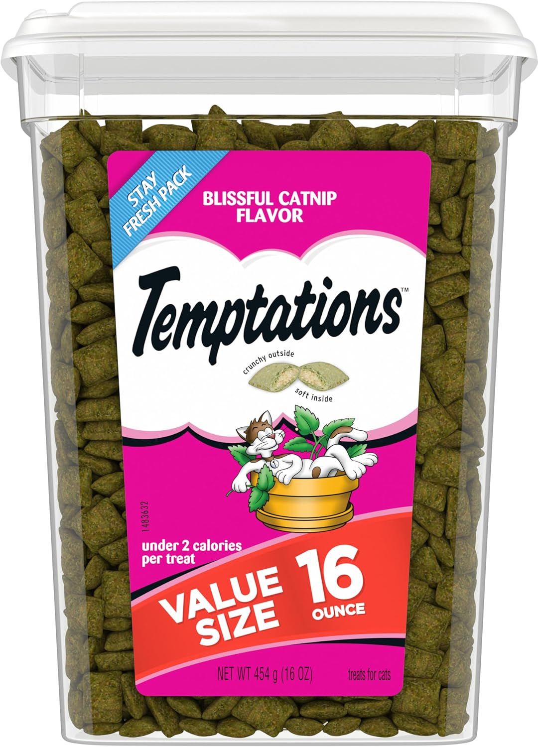 ( 1) * TEMPTATIONS Classic Crunchy and Soft Cat Treats Blissful Catnip Flavor, 16 Ounce (Pack of 1) Tub
