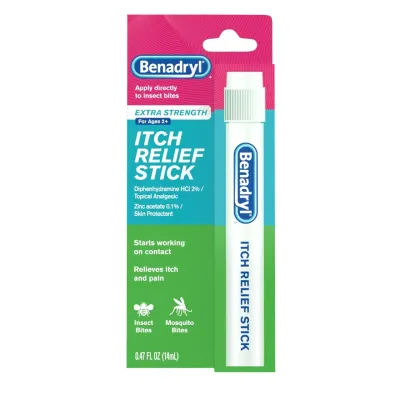 ((1)) Benadryl Extra Strength Itch Relief Stick, Diphenhydramine HCL Topical Analgesic &amp; Zinc Acetate to Relieve Skin Itching &amp; Pain Associated w/Insect Bites, Sunburn &amp; More 0.47fl oz-EXP End.06.2026