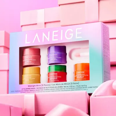 (((1))) LANEIGE Midnight Minis Lip Set - (This Set Contains: - 5 x 0.10 oz/ 3 g Lip Sleeping Masks in Berry, Gummy Bear, Mango, Watermelon Pop, Peach Iced Tea)