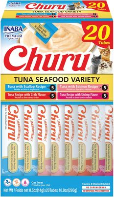 INABA Churu Cat Treats, Lickable, Squeezable Creamy Purée Cat Treat with Green Tea Extract &amp; Taurine, 0.5 Ounces Each Tube, 20 Tubes, Tuna &amp; Seafood Variety Box (works out as $12.75 per tube)