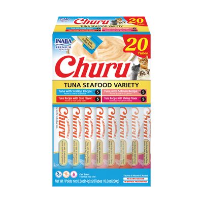 INABA Churu Cat Treats, Lickable, Squeezable Creamy Purée Cat Treat with Green Tea Extract &amp; Taurine, 0.5 Ounces Each Tube, 20 Tubes, Tuna &amp; Seafood Variety Box (works out as $12.75 per tube)