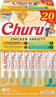 INABA Churu Cat Treats, 20 Grain-Free, Lickable, Squeezable Creamy Purée Cat Treat/Topper with Vitamin E &amp; Taurine, 0.5 Ounces Each Tube, 20 Tubes, Chicken Variety Box (works out as $12.75 per tube)