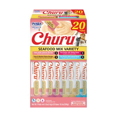 INABA Churu Cat Treats, 20 Grain-Free, Lickable, Squeezable Creamy Purée Cat Treat/Topper with Vitamin E &amp; Taurine, 0.5 Ounces Each Tube, 20 Tubes, Seafood Variety Box (works out as $13 per tube)