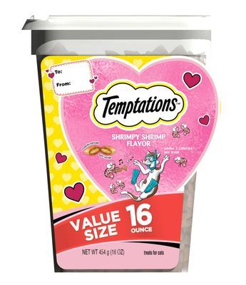 * TEMPTATIONS Classic SHRIMPY SHRIMP Flavor Limited Edition Valentine’s Day Cat Treats, 16 Oz Tub