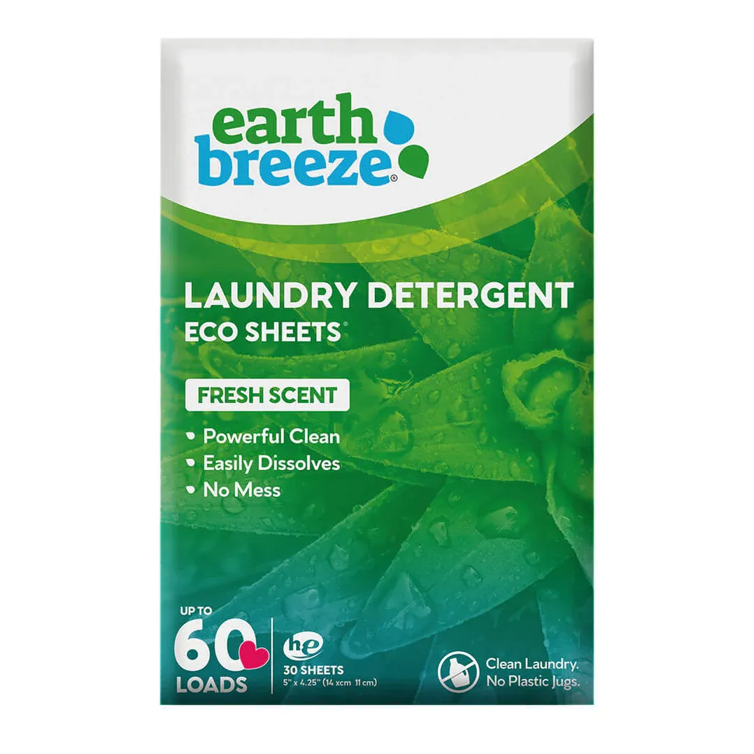 ( 1)) Earth Breeze Laundry Detergent Sheets Fresh Scent - 60 Loads No Plastic Jug Concentrated Laundry Detergent 30 Sheets - 30 SHEETS - (works out as $4.66 per sheet); ($2.33 per load)