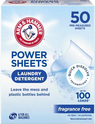 (( 50) Arm &amp; Hammer Power Sheets Laundry Detergent, Fragrance Free 50ct, up to 100 loads​ - 50 COUNT - (works out as $3.10 per sheet); ($1.55 per load)