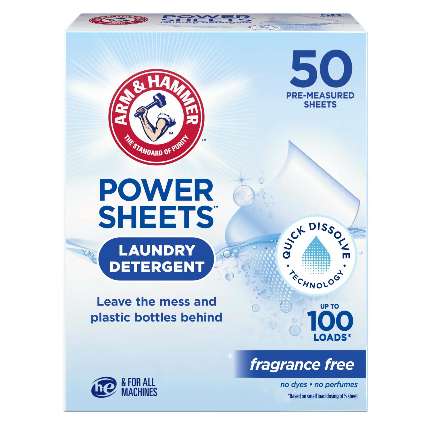 (( 50) Arm &amp; Hammer Power Sheets Laundry Detergent, Fragrance Free 50ct, up to 100 loads​ - 50 COUNT - (works out as $3.10 per sheet); ($1.55 per load)