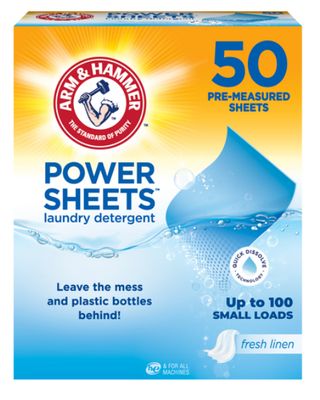 ( 50) Arm &amp; Hammer Power Sheets Laundry Detergent, Fresh Linen 50ct, up to 100 Small Loads - 50 COUNT - ​(works out as $3.10 per sheet); ($1.55 per load)