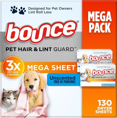 (( 130) ​Bounce Pet Hair and Lint Guard Mega Dryer Sheets with 3X Pet Hair Fighters, Unscented, 130 Count - 130 SHEETS - (works out as $1.19 per sheet)