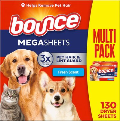(( 130) ​Bounce Pet Hair and Lint Guard Mega Dryer Sheets with 3X Pet Hair Fighters, Fresh Scent, 130 Count, Bounce Dryer Sheets, Fabric Softener Sheets - 130 SHEETS (works out as $1.19 per sheet)