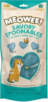 MEOWEE! Savory Spoonables with Real Tuna, Chicken &amp; Duck, 4 Count Tube, Triple Flavor Squeezable Lickable Wet Treats for Cats with Built-in Spoon for Less Mess -Expiry: JULY.03.2025 (07.03.2025)
