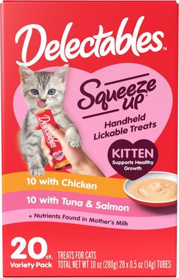 Delectables Squeeze Up KITTEN Variety Pack, Creamy Squeezable Puree, Lickable Wet Cat Treats, Grain Free, No Added Fillers, No by-Products, No Added Preservatives,0.5 Oz Tube, 20 Tubes($10 per tube)