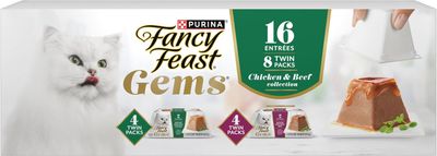 Fancy Feast Purina Gems Mousse Pate Chicken and Beef Variety Pack Topped with Savory Gravy Cat Food - 8 ct. Box -(Pack of 8) 4 oz Boxes-4 oz Box (Pack of (8) 2-Serving Boxes; 16 Servings)-PREMIUM