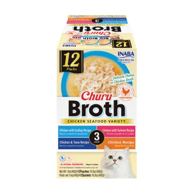 INABA Churu Broth for Cats, Creamy Broth with Shredded Chicken Side Dish Pouch, 1.4 Ounces per Pouch, 12 Pouches, Chicken &amp; Seafood Variety - BROTH - (works out as $20.83 per pouch)
