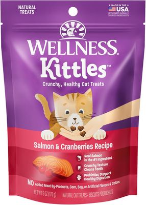 *Wellness Kittles Crunchy Natural Grain Free Cat Treats, Salmon &amp; Cranberries Recipe, All Life Stages, 6-Ounce Bag - MEGA Pouch 6 oz.