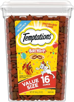TEMPTATIONS Birthday Crunchy and Soft Cat Treats Lobster and Beef Flavor, 16 oz. Tub