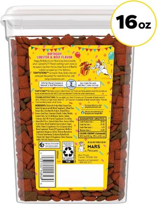 TEMPTATIONS Birthday Crunchy and Soft Cat Treats Lobster and Beef Flavor, 16 oz. Tub