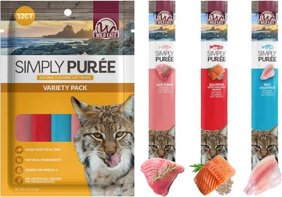 (12) ​Wild Eats Lickable Cat Treats Exotic Fish Variety Pack 12ct - Ahi Tuna, Wild Pink Salmon, Red Snapper - Puree Bisque (works out as $12.50 per tube)