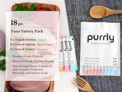 Purrly Cat Treat Snack Wet Lickable Low Calorie Healthy Grain-Free Tuna Variety Packs (18 Count) Squeezable Creamy Purée with Human-Grade Proteins and Functional Nutrients No-Artificial-Additives