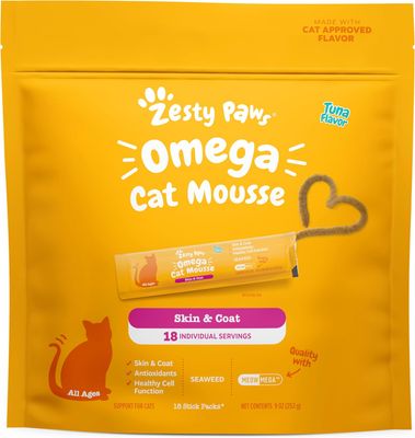 (18) Zesty Paws Omega Cat Mousse Squeezable Cat Treats - with Seaweed, Omega Fatty Acids, Antioxidants Vitamins &amp; Minerals - Skin &amp; Coat Support for Cats - Tuna Fish Flavor -18 Count ($12.50 per tube)