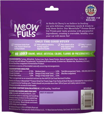 Stella &amp; Chewy's Meowfulls Freeze Dried Cat Treats Turkey &amp; Duck Recipe, 1.5 oz Bag