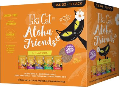 Tiki Cat Aloha Friends Variety Pack, Meaty Flavors Mixed with Pumpkin, Wet, High-Protein &amp; High-Moisture Cat Food, For All Life Stages, 2.5 oz. Pouch (Pack of 12)