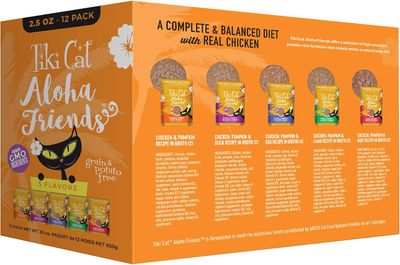 Tiki Cat Aloha Friends Variety Pack, Meaty Flavors Mixed with Pumpkin, Wet, High-Protein &amp; High-Moisture Cat Food, For All Life Stages, 2.5 oz. Pouch (Pack of 12)