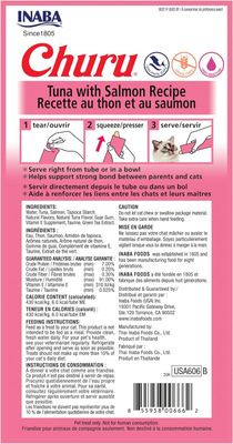 INABA Churu Cat Treats, TUNA WITH SALMON with Salmon Recipe Lickable Purée Natural Cat Treats 4 Tubes (works out as $13.75 per tube)