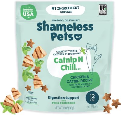 Shameless Pets Crunchy Cat Treats - Catnip Treats for Cats with Digestive Support, Kitten Treats with Real Chicken, Natural &amp; Healthy Flavored Feline Snacks - Catnip N Chill, 1-Pk (12 Oz)