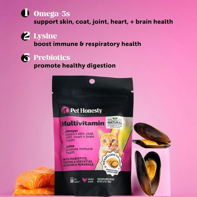 Pet Honesty Cat Multivitamin Crunchy &amp; Creamy Chews - Cat Treats for Health + Immune, Joint Support, Skin &amp; Coat, &amp; Digestion - Vitamins with Omega 3s, Lysine &amp; Probiotics (30 Day Supply)