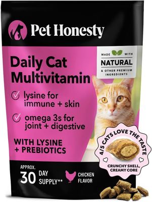 Pet Honesty Cat Multivitamin Crunchy &amp; Creamy Chews - Cat Treats for Health + Immune, Joint Support, Skin &amp; Coat, &amp; Digestion - Vitamins with Omega 3s, Lysine &amp; Probiotics (30 Day Supply)