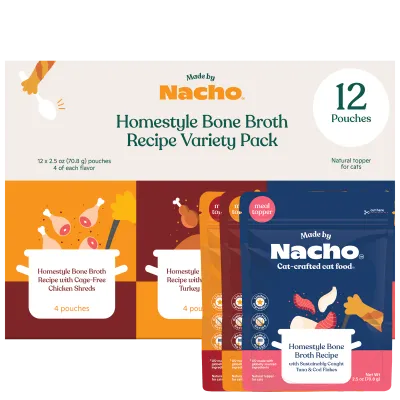 Made by Nacho Wet Cat Food Homestyle Bone Broth Variety Pack Hydrating Food Topper, Chicken (x4), Turkey (x4), and Tuna and Cod Flakes (x4) Limited Ingredients, 2.5oz (12 pouches) -$24.91 per pouch