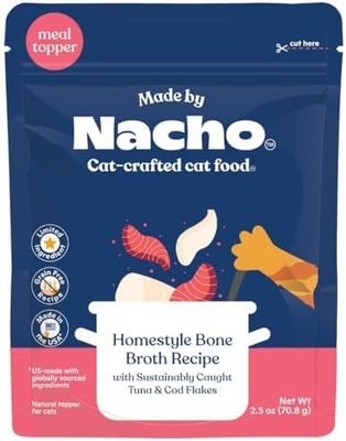 ((1)) Made by Nacho Wet Cat Food Homestyle Bone Broth Variety Pack Hydrating Food Topper, Chicken, Turkey and Tuna and Cod Flakes Limited Ingredients, 2.5oz (12 pouches) -SOLD INDIVIDUALLY / PER POUCH
