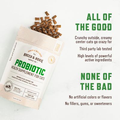 * Rocco &amp; Roxie Cat Probiotic Health Supplement for Cats, Prebiotic &amp; Postbiotic for Digestive + Gut Support, Constipation Relief, Anti Diarrhea, Supplements &amp; Vitamins, Chicken Flavored Crunchy Chews