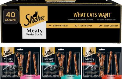 * SHEBA Treats Meaty Sticks Variety Pack, 40 Count (8 packs of 5 sticks) Includes: (4 packs CHICKEN, 2 packs SALMON, 2 packs TUNA) - (works out as $5 per stick)​