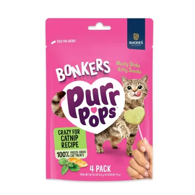 Bonkers Purrpops, Freeze Dried Crazy for CATNIP Recipe Flavored Lollipop Cat Treats, Cat Treats, Treats for Training, for All Breeds and Ages, Food Topper (4 Pieces) 1-Pack (4 LOLLIPOPS)