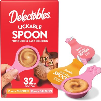 * Delectables Lickable Spoon Handheld Wet Cat Treats Made with Real Chicken &amp; Salmon, Quick &amp; Easy Creamy Puree, Mess Free, Grain-Free, No Added Fillers, No by-Products, Variety Pack, 32ct -$10.75 per