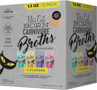 * Tiki Cat Born Carnivore Broths Variety Pack, Meaty Bites, Hydration and Flavor Supplement Wet Cat Food Topper, 1.3 oz. Pouch (Pack of 12) - works out as $19.91 per pouch