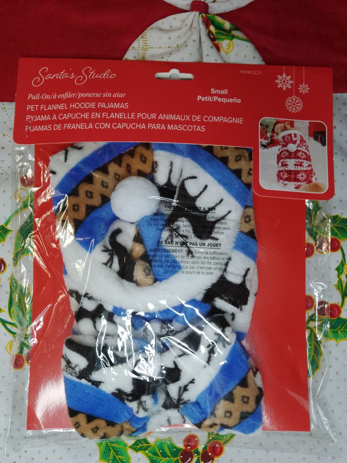 ( 1) Christmas Santa's Studio Pet Flannel Hoodie Pajamas REINDEER Pattern (1 ct) - SMALL (KITTEN SIZED!!!) - NECK 9.8" (24.8 cm) , WAIST 13.7" (34.7 cm) , LENGTH 7.8" (19.8 cm)